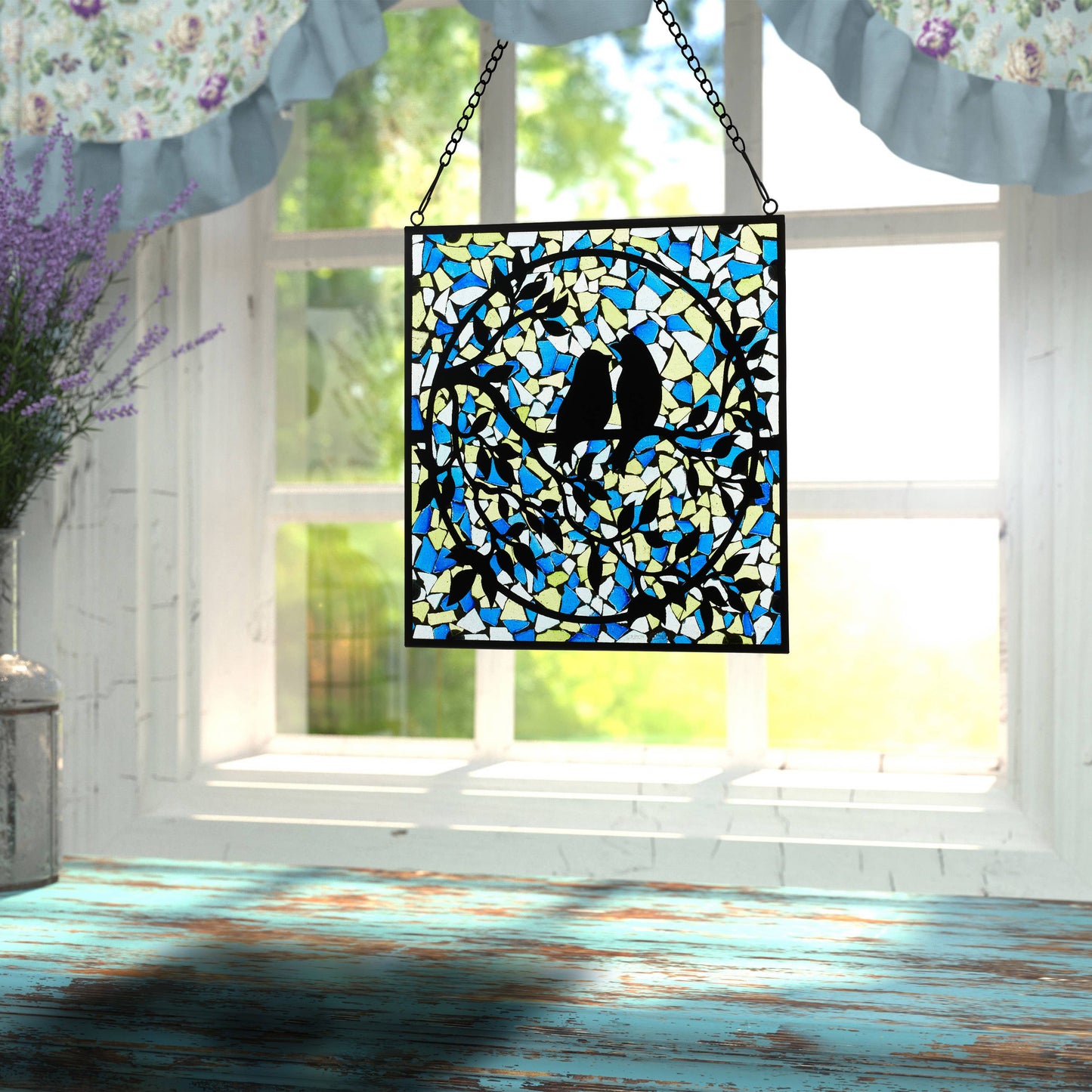 12"W Love Birds Mosaic Stained Glass Window Panel