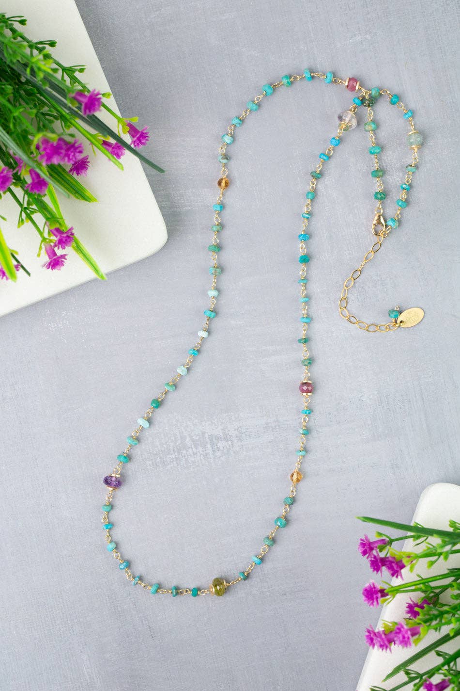 Treasure 22.5-24.5" Citrine, Ruby, Aquamarine with Turquoise Simple Necklace