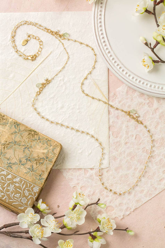 Contentment 35.5-37.5" Rainbow Moonstone, Prehnite, Pearl Collage Necklace