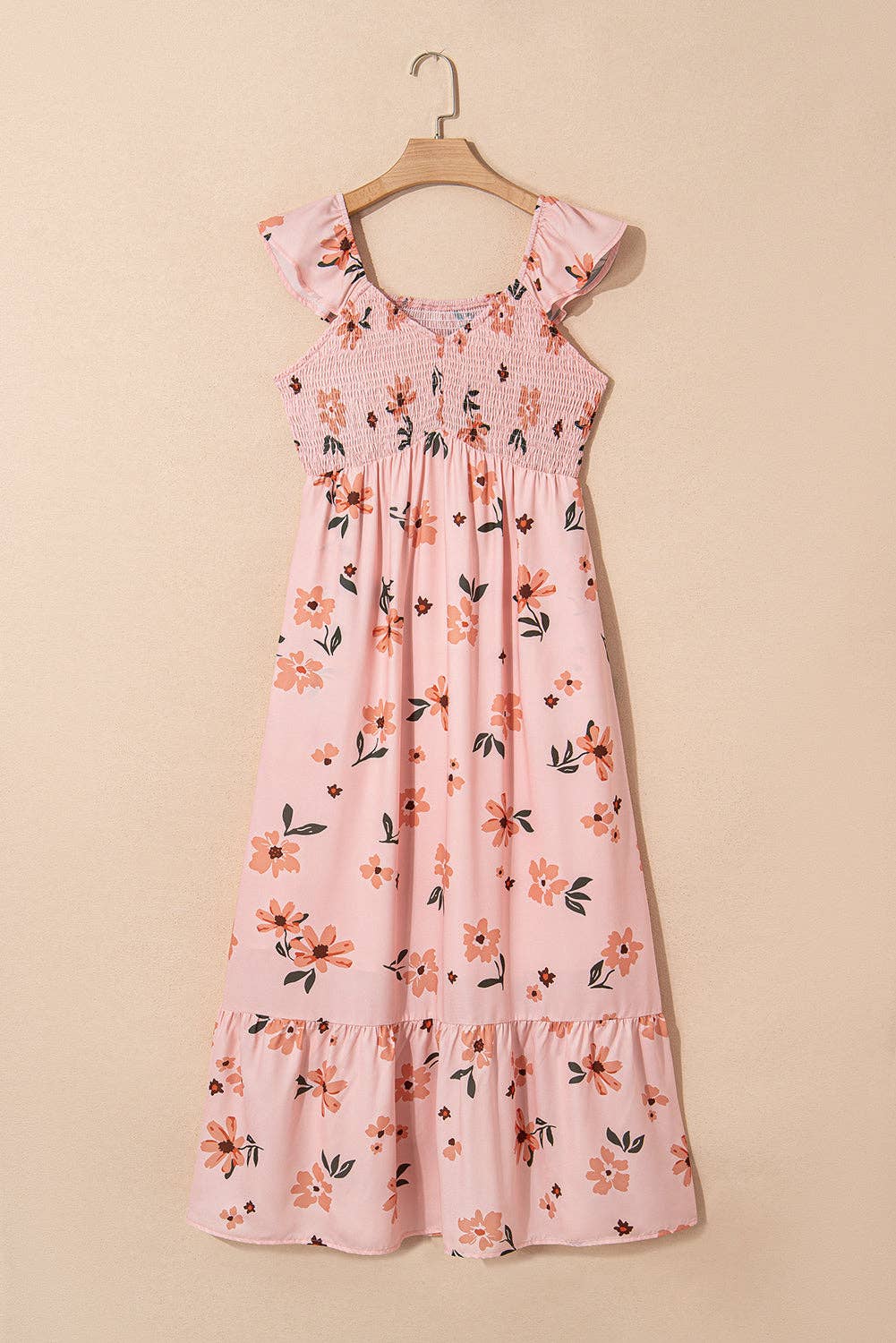 Floral Smocked Flutter Sleeve Maxi Dress