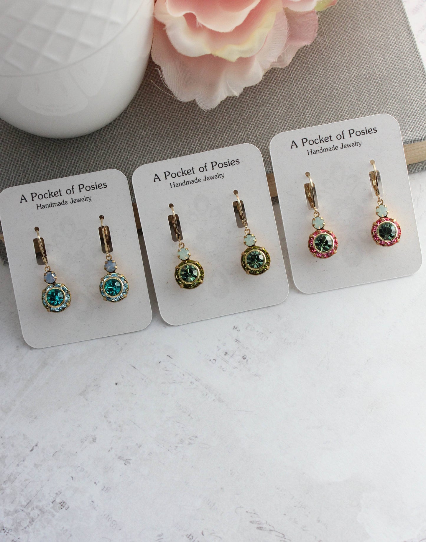 Art Deco Floral Earrings- Light Peach & Aquamarine