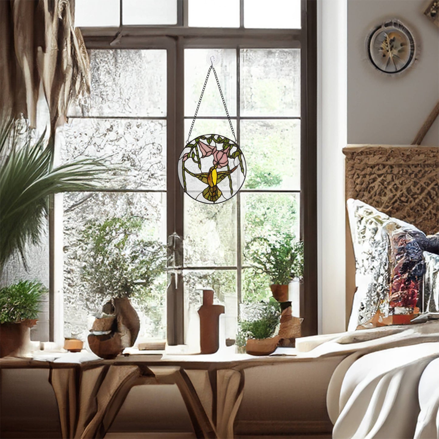 10"H Hummingbird and Hibiscus Stained Glass Window Panel