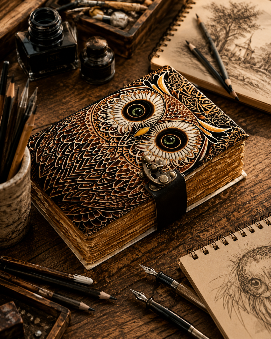 Owl Leather Journal with Lock