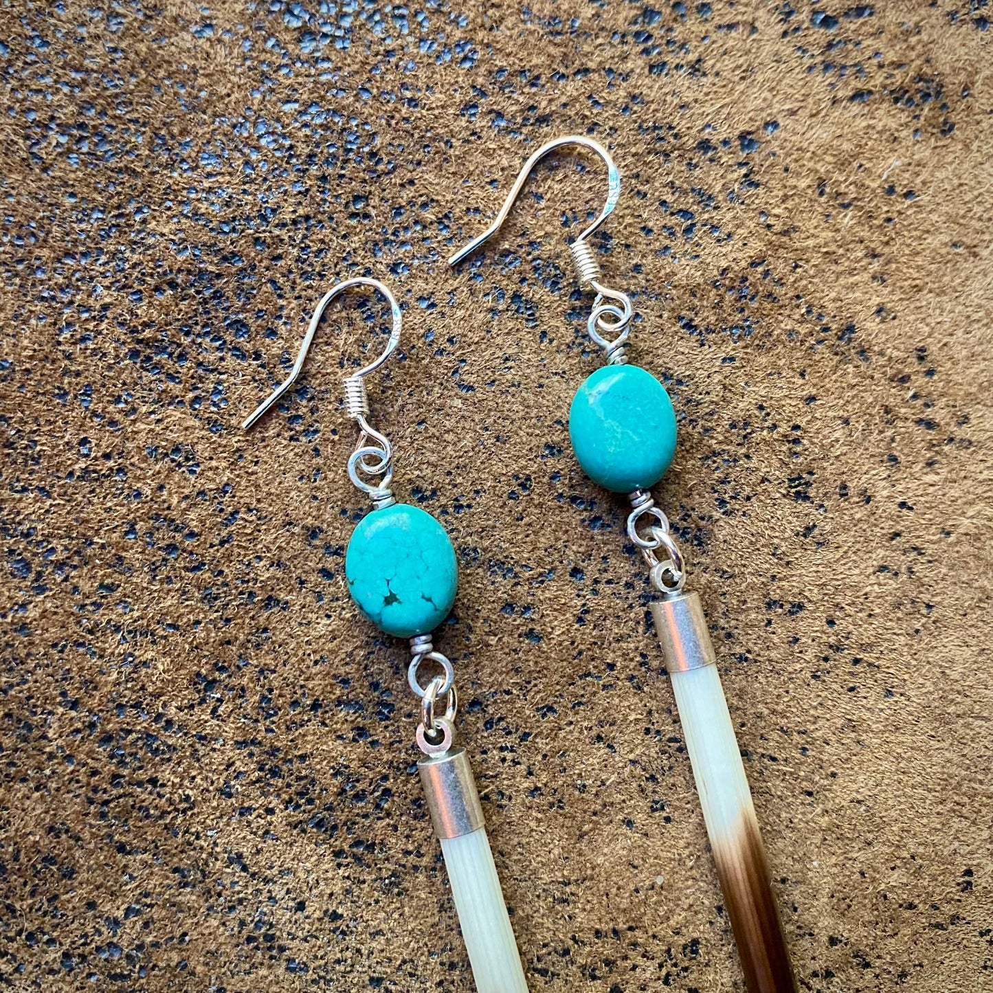 Porcupine Quill & Turquoise Earrings, with Silver Earwires