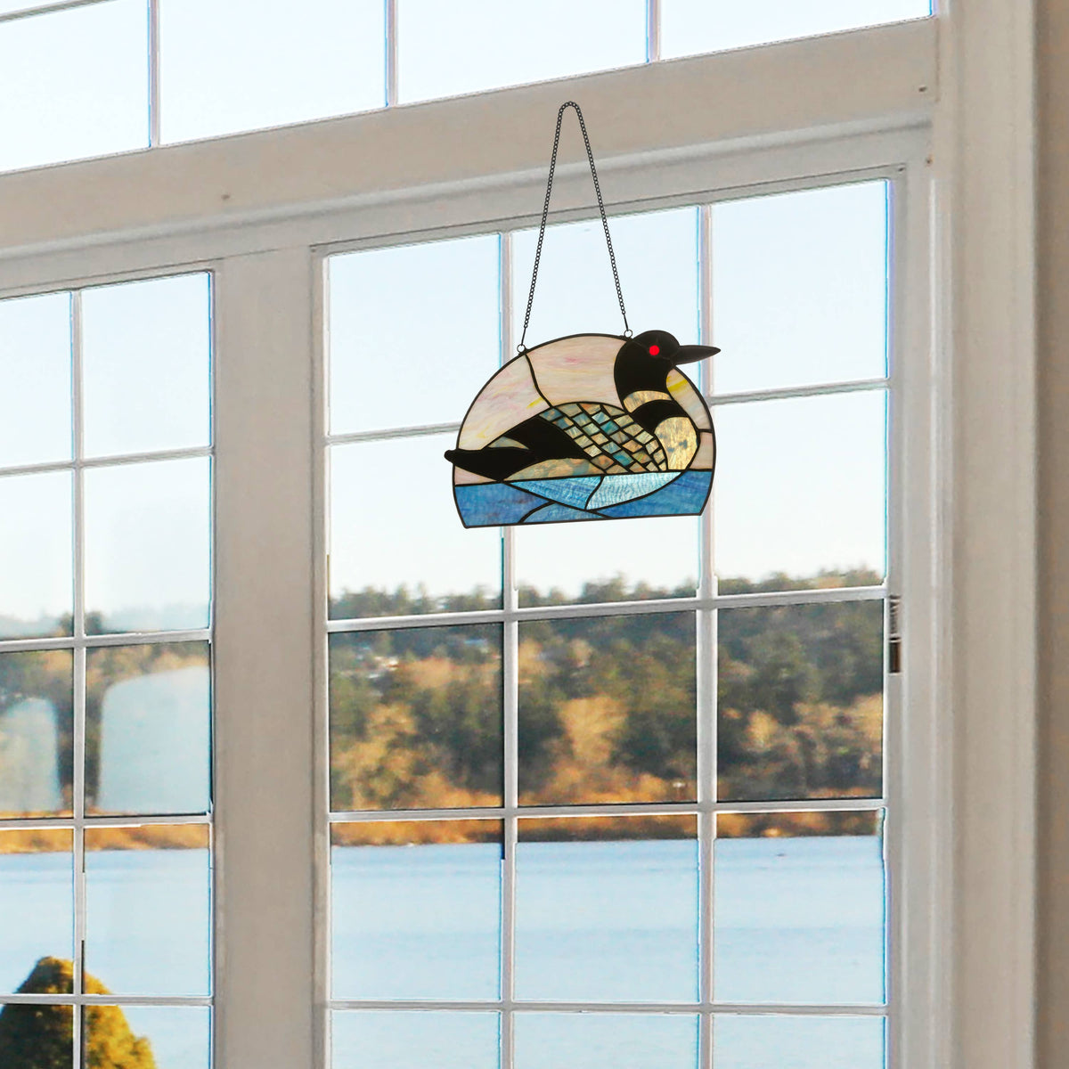 9.5" Swimming Loon Stained Glass Window Accent Panel