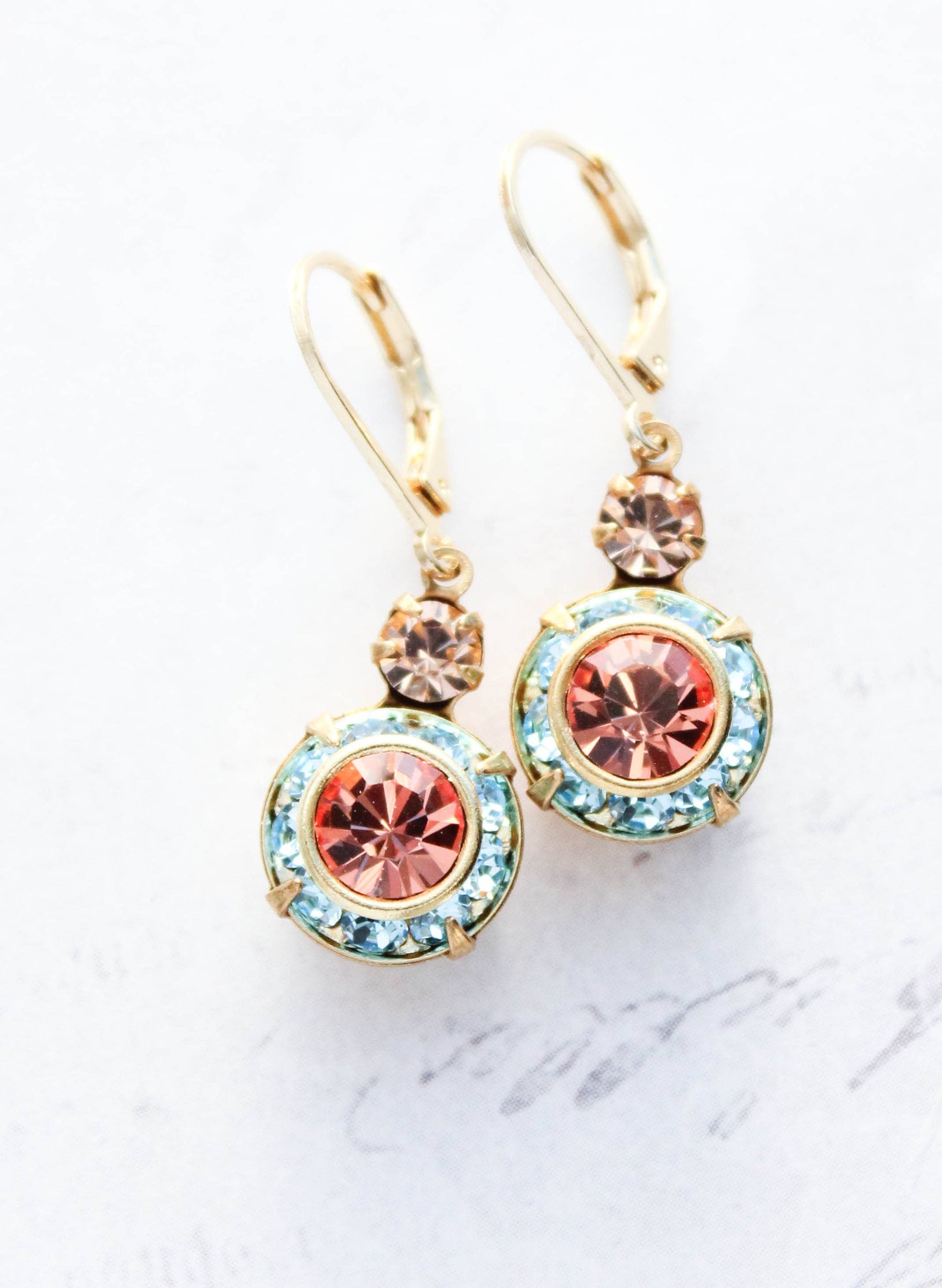 Art Deco Floral Earrings- Light Peach & Aquamarine