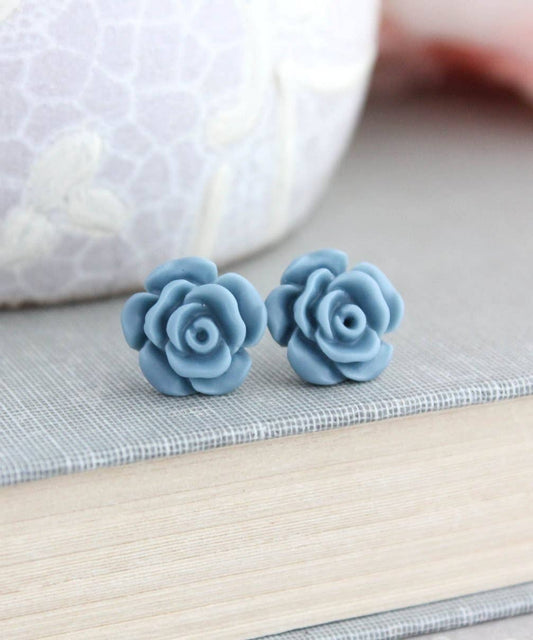 Rose Stud Earrings - Dusty Blue: Defaul