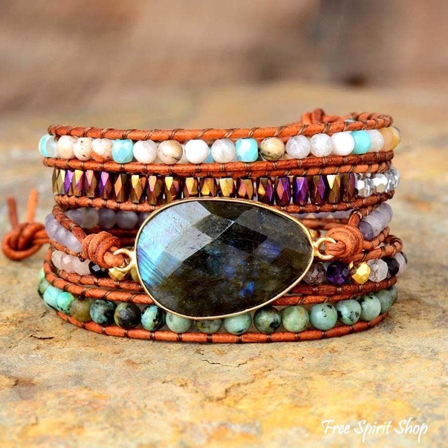 Gemstone Leather Wrap Bracelet