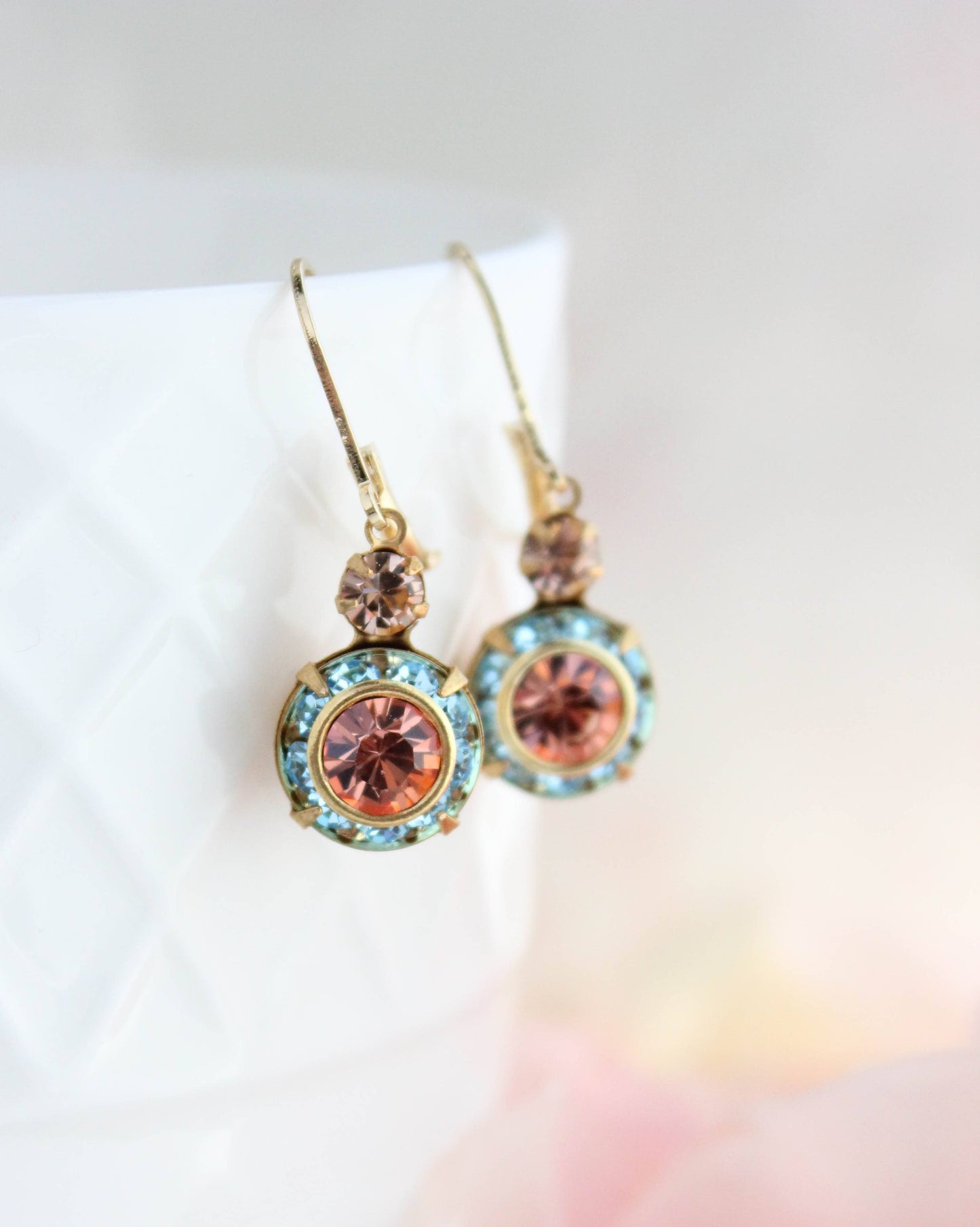 Art Deco Floral Earrings- Light Peach & Aquamarine