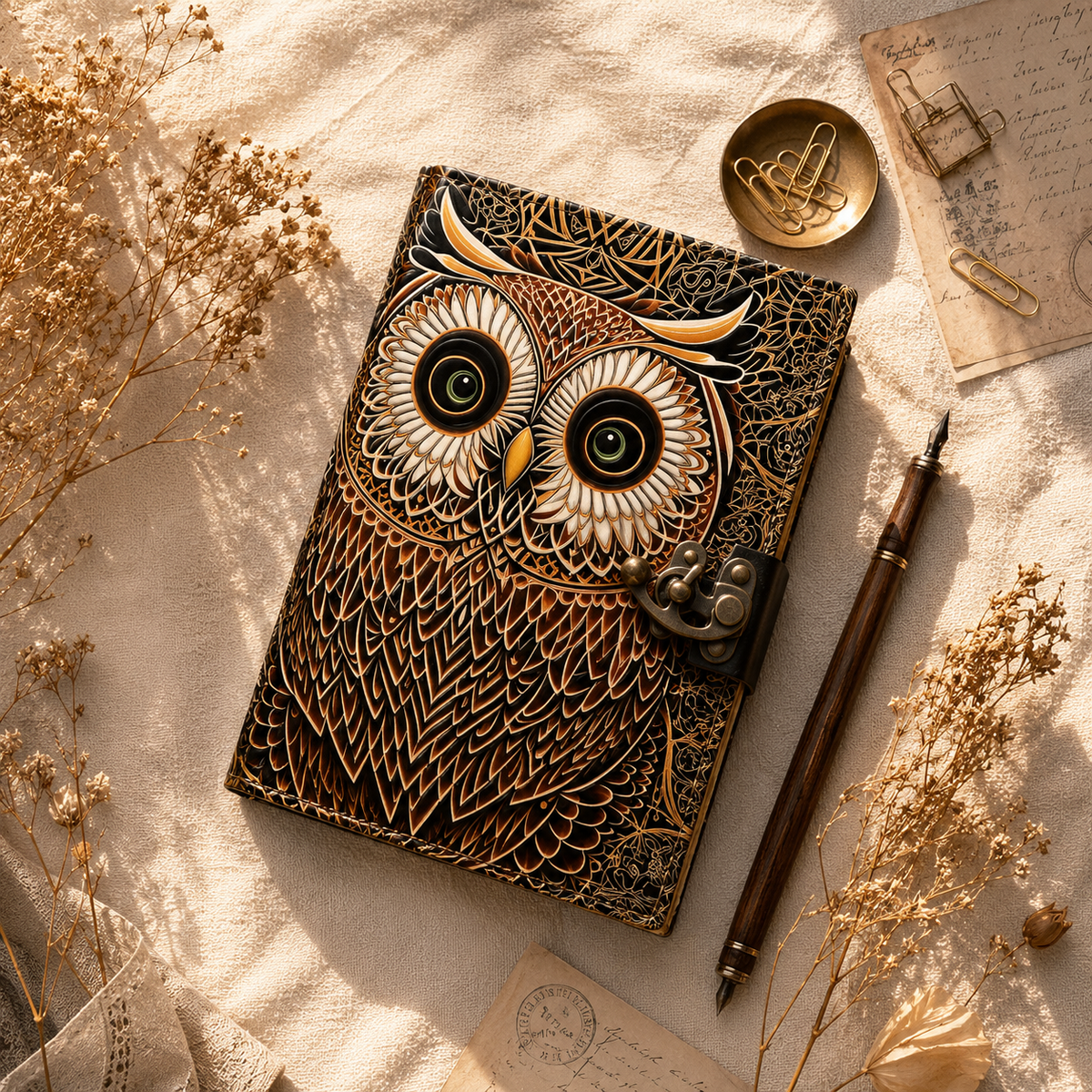 Owl Leather Journal with Lock