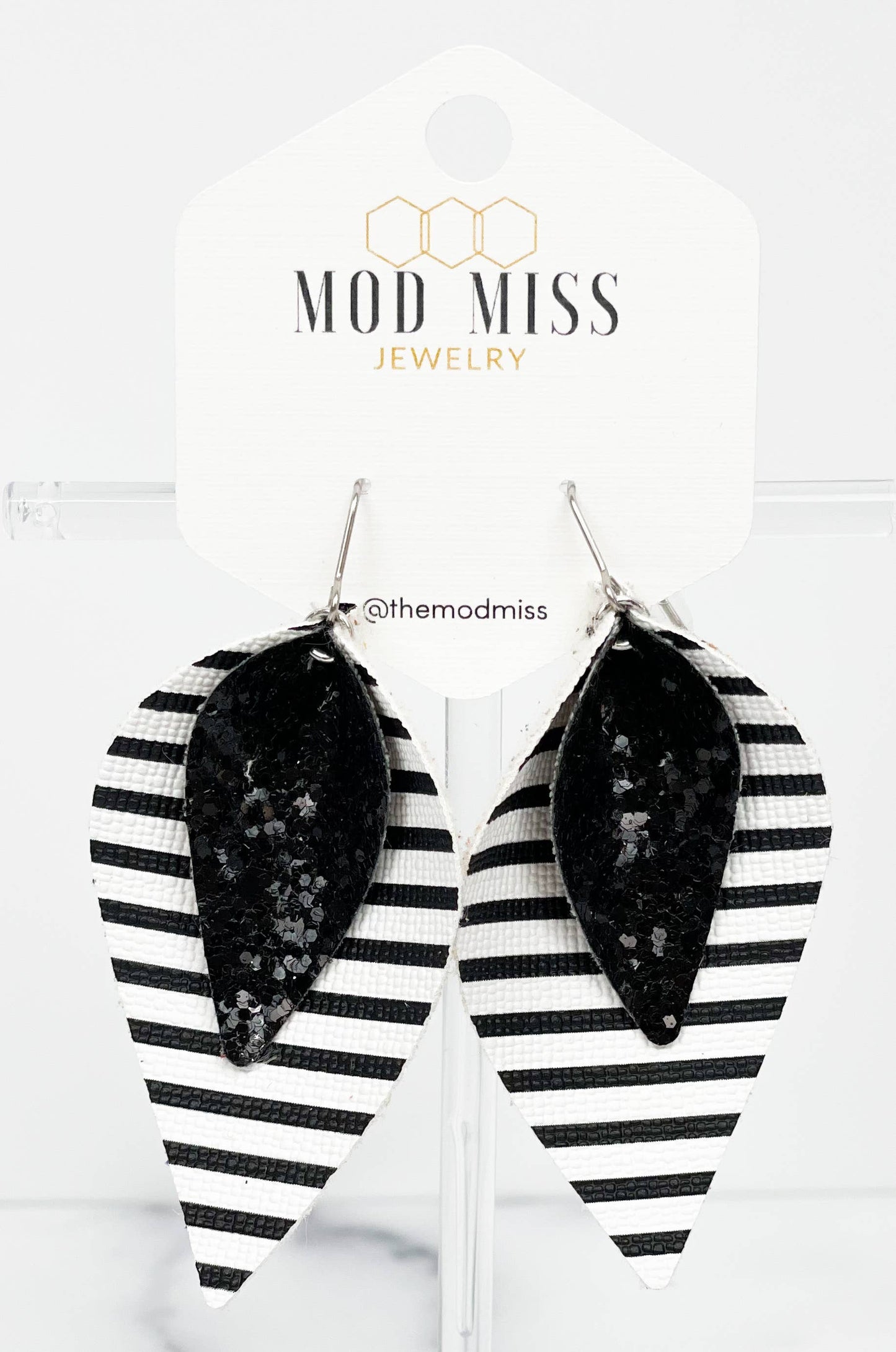 Leather Stacked Petal Earring "BlkGlitter+Blk&WhtStripes"