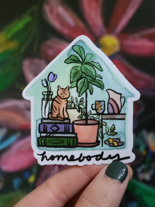 "Homebody" Plants, Books, Flowers, Cat, and Tea Sticker
