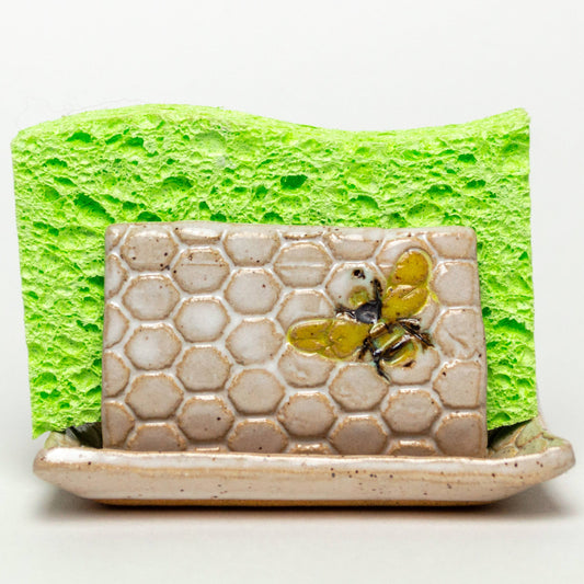Bee Pattern Handmade Ceramic White Kitchen Sponge Holder Bee