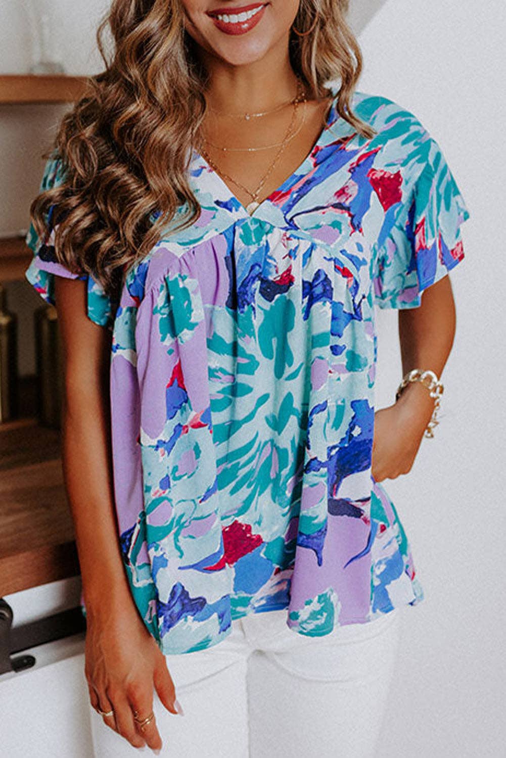 Abstract Flutter Sleeve V-Neck Blouse