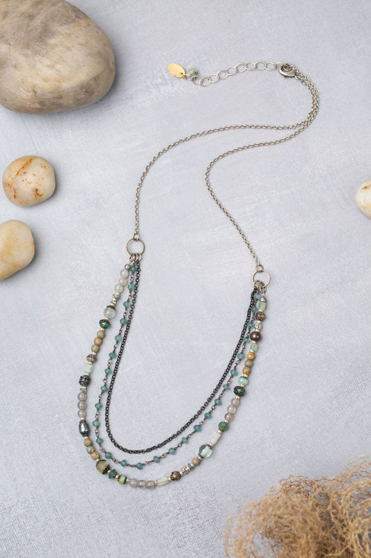 Venetian Dreams 22.5-24.5" Freshwater Pearl, Fluorite, Roman Glass Multistrand Necklace