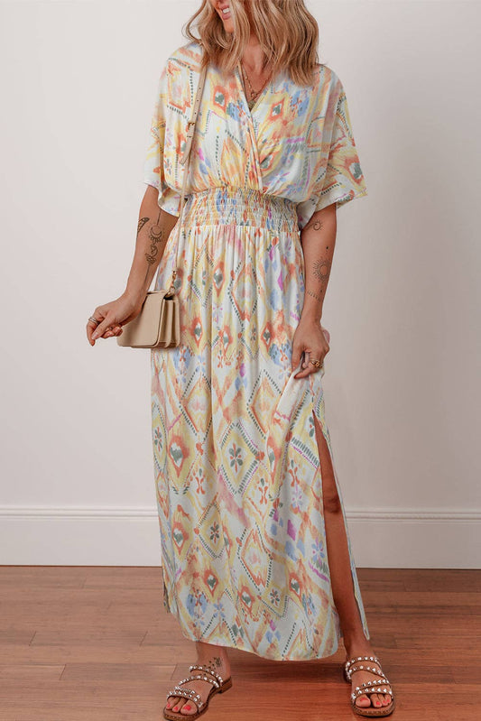 Geometric Shirred High Waist Summer Maxi Dress