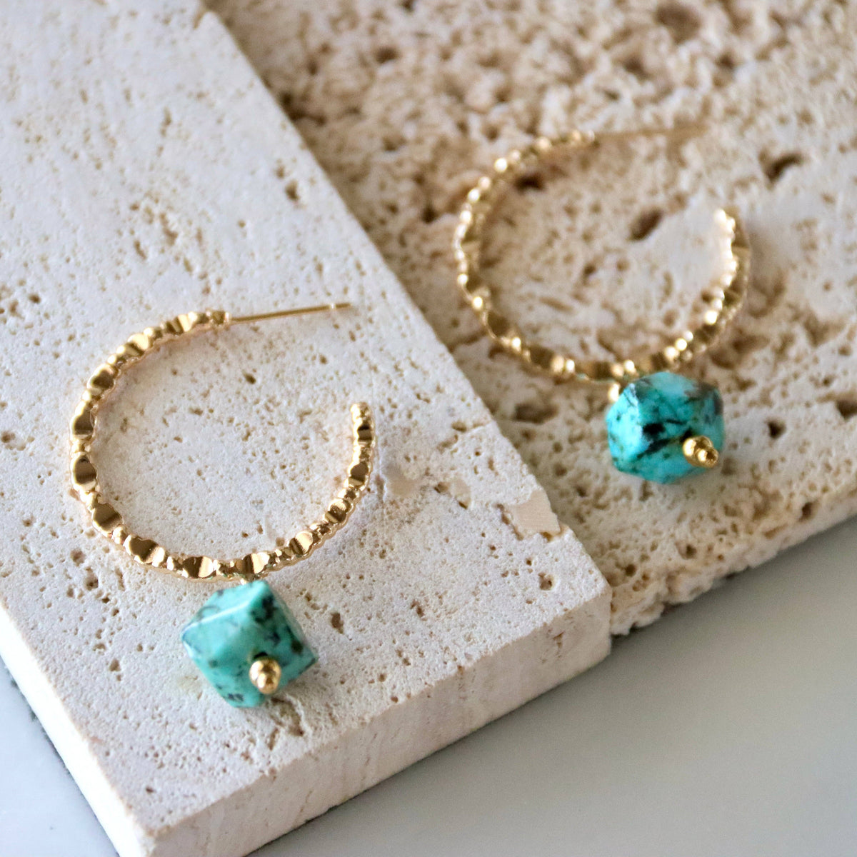 Amazonite or Turquoise Textured Hoop Earrings