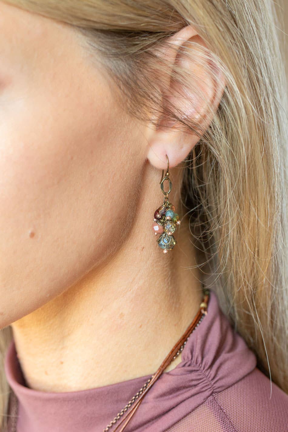 Mauve Garnet, Lepidolite, Czech Glass Cluster Earrings
