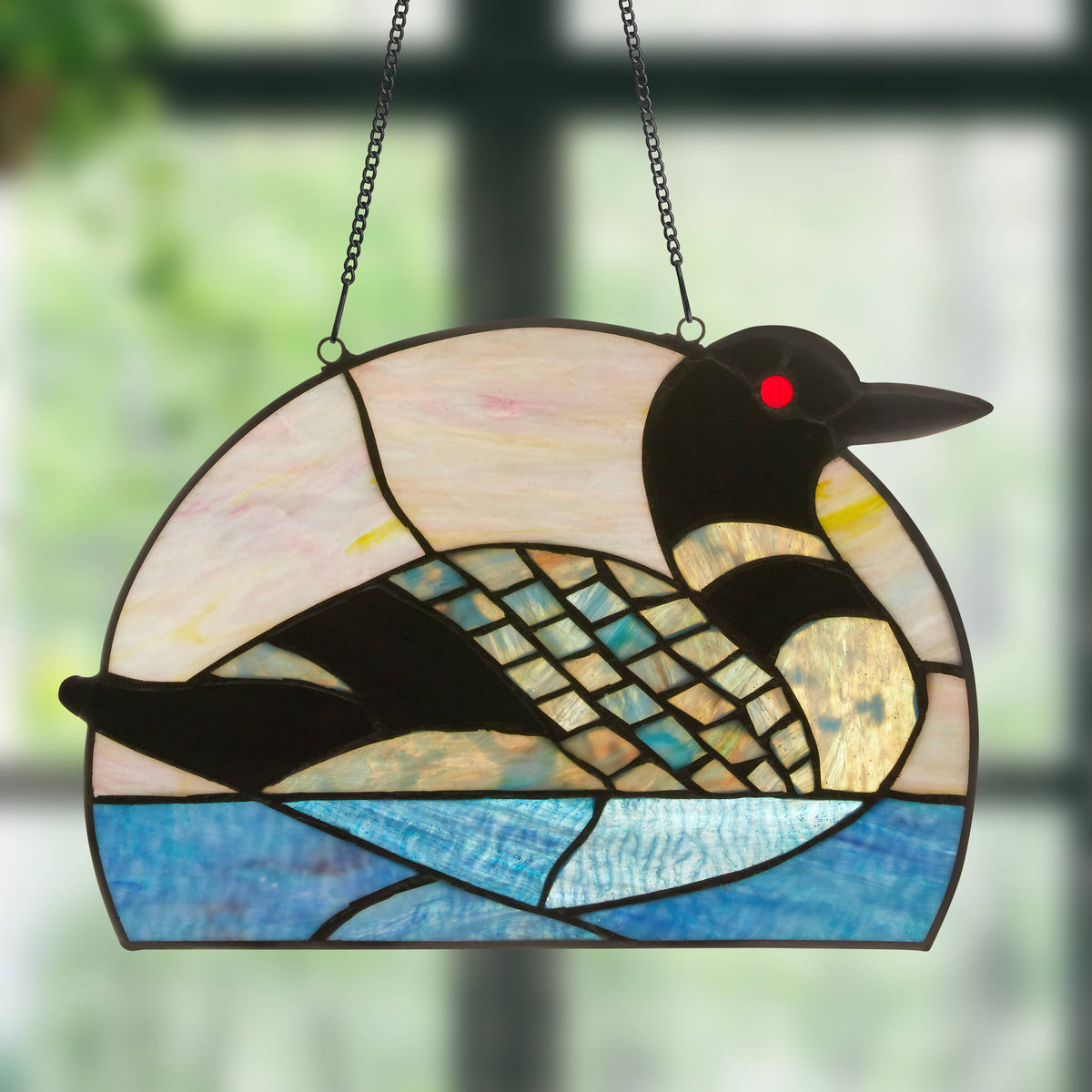 9.5" Swimming Loon Stained Glass Window Accent Panel