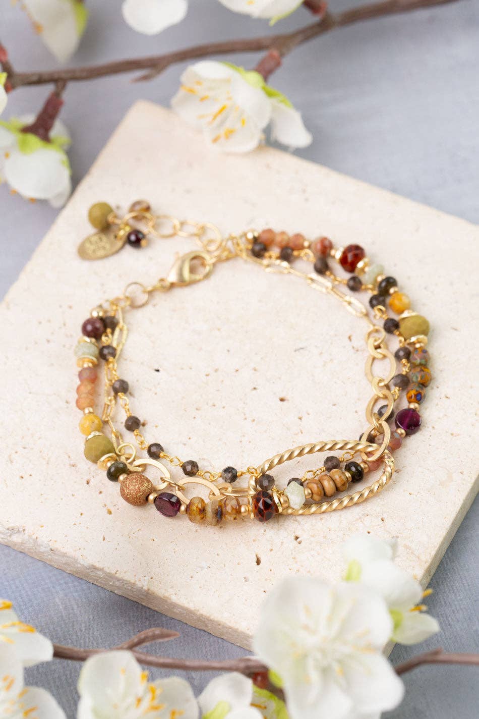 Golden Hour 7.5-8.5" Garnet, Moonstone, Jasper Multistrand Bracelet