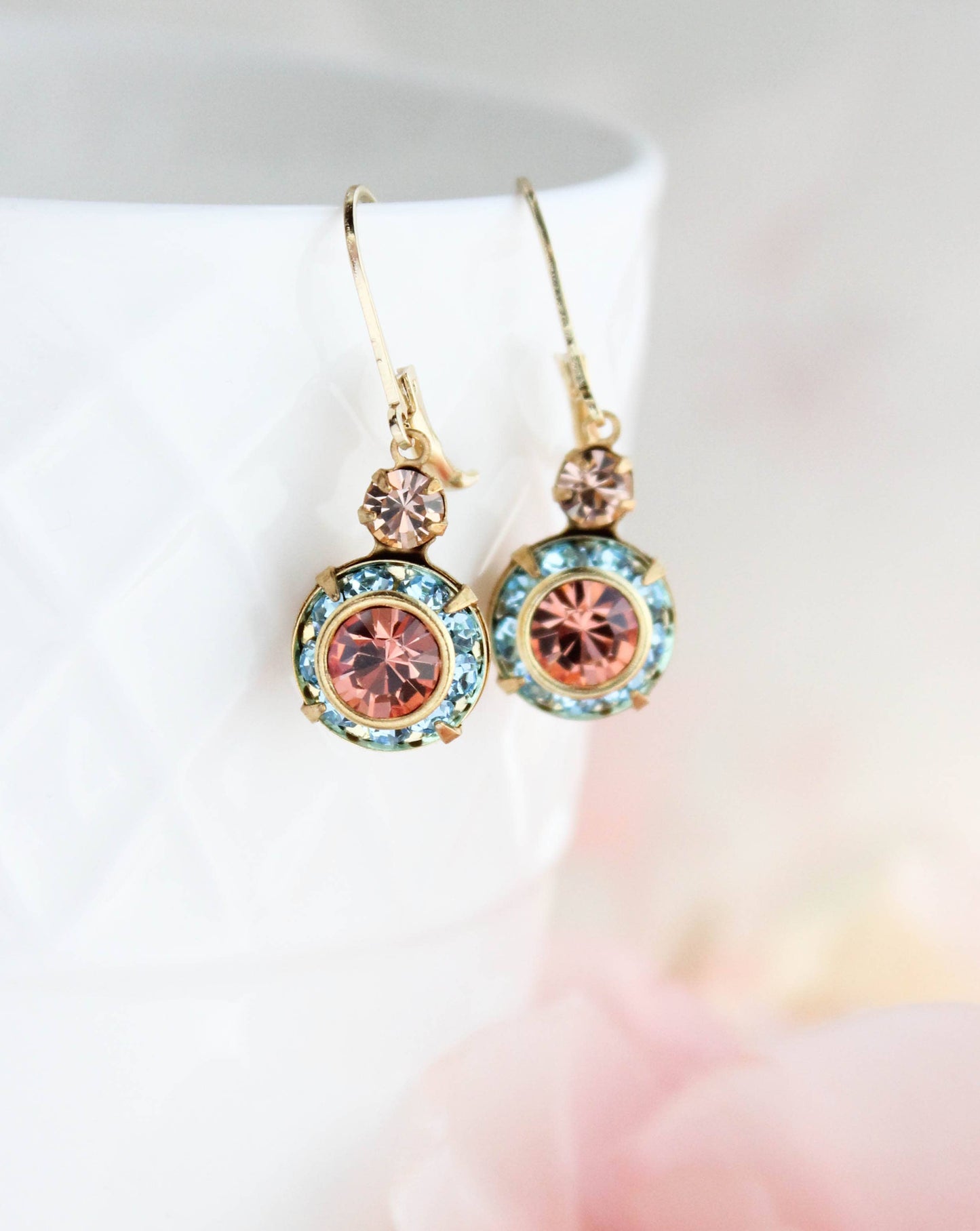 Art Deco Floral Earrings- Light Peach & Aquamarine