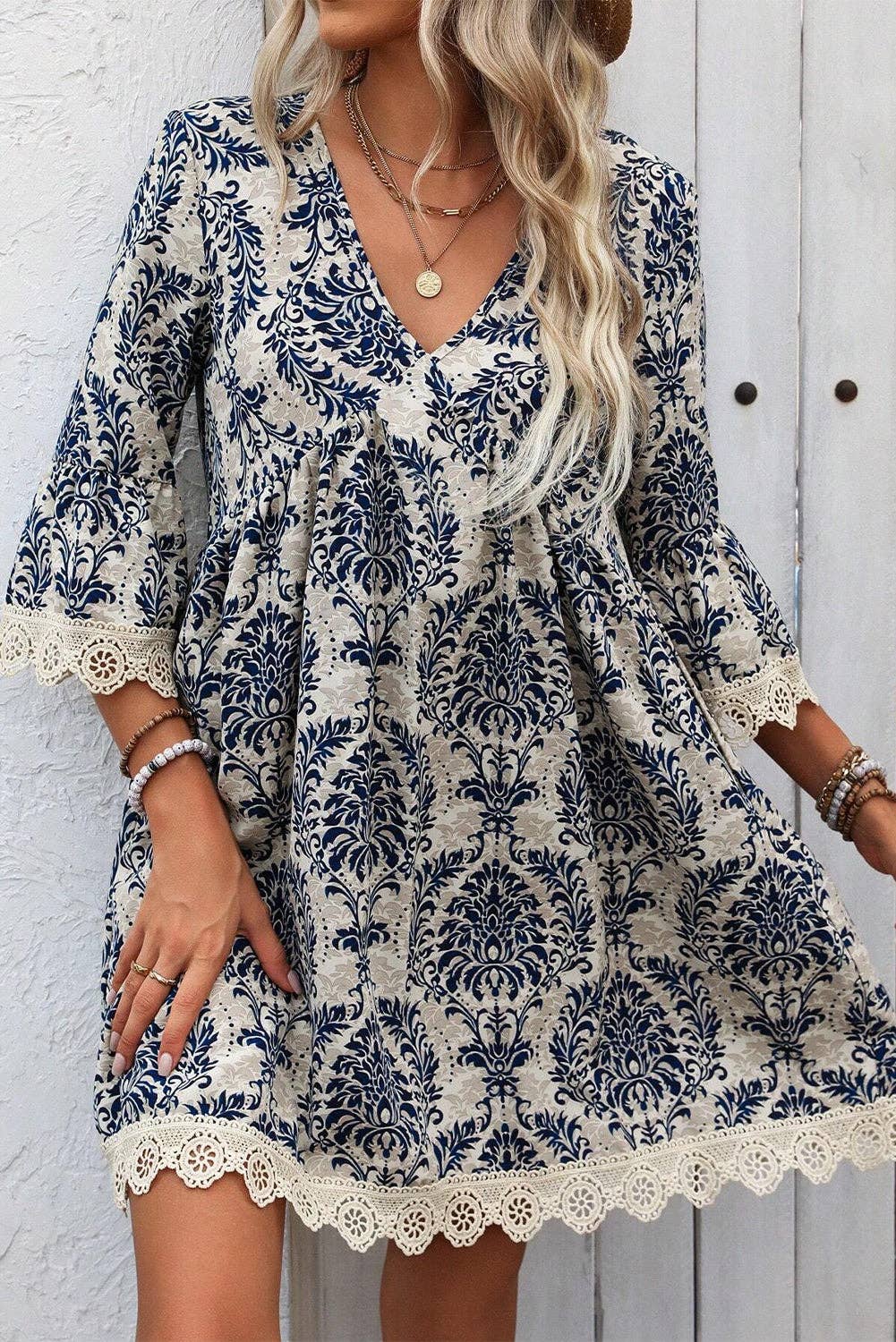 Boho Lace Trim V-Neck Dress
