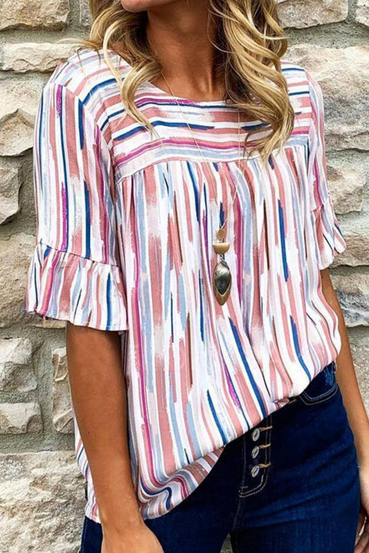 Stripe Ruffle Short Sleeve Blouse