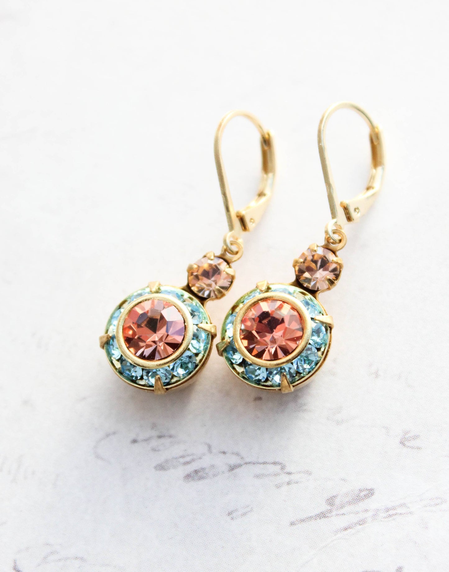 Art Deco Floral Earrings- Light Peach & Aquamarine