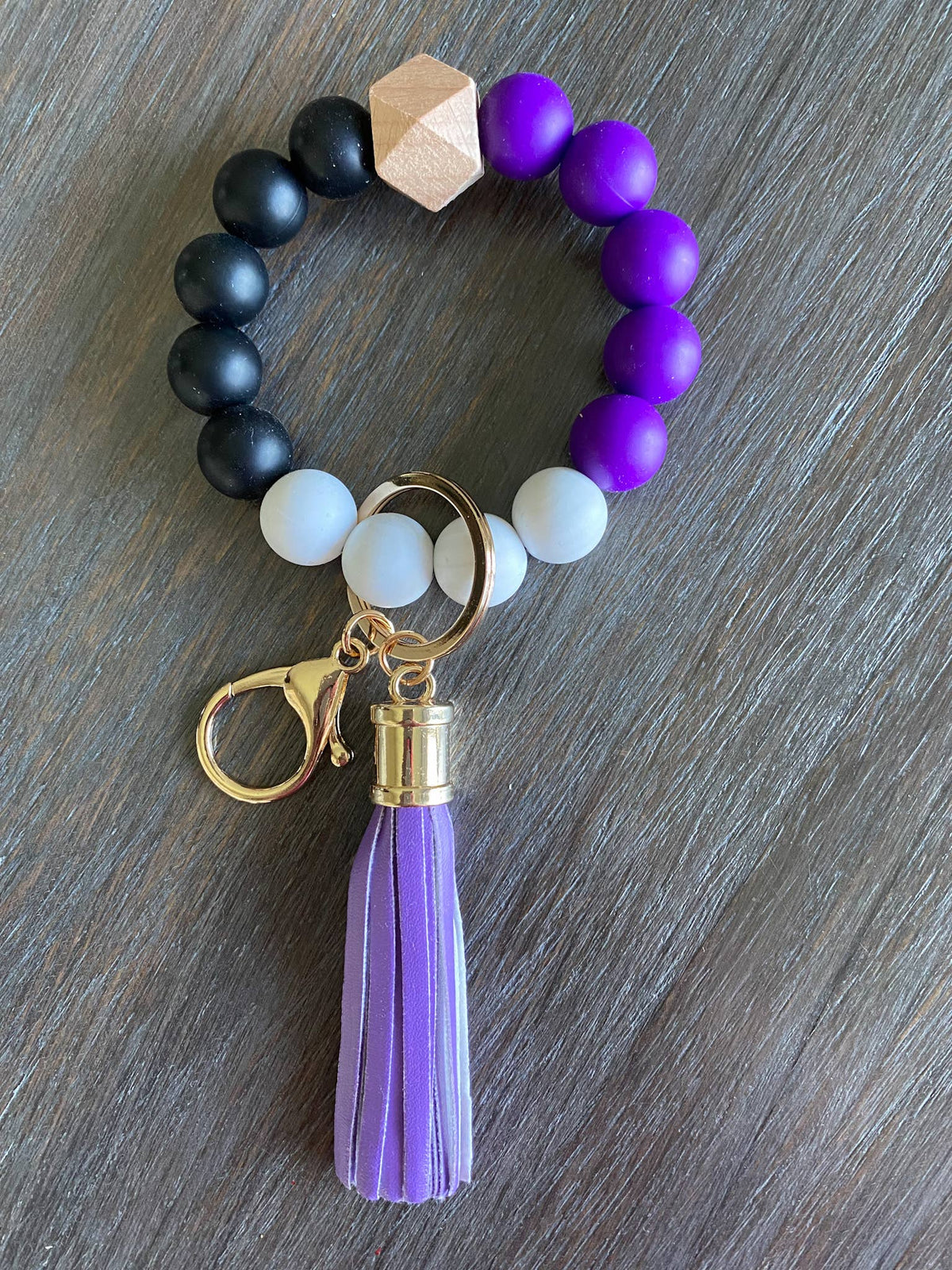 Game Day Wristlet Silicone Beads-Purple/Black/White
