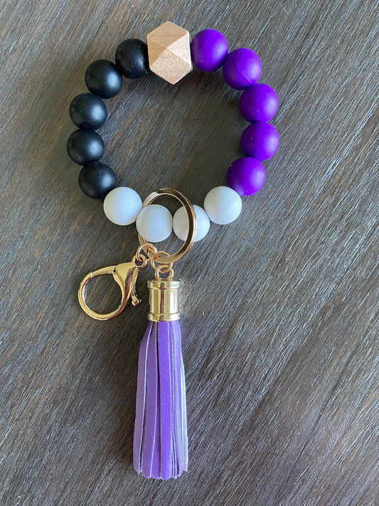 Game Day Wristlet Silicone Beads-Purple/Black/White