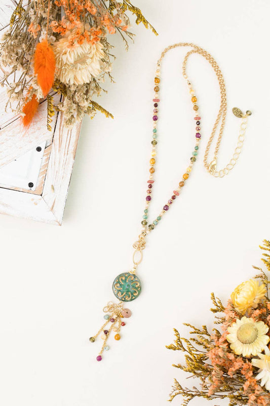 Ember 22-24" Jasper, Spiney Oyster, Czech Glass Tassel Necklace