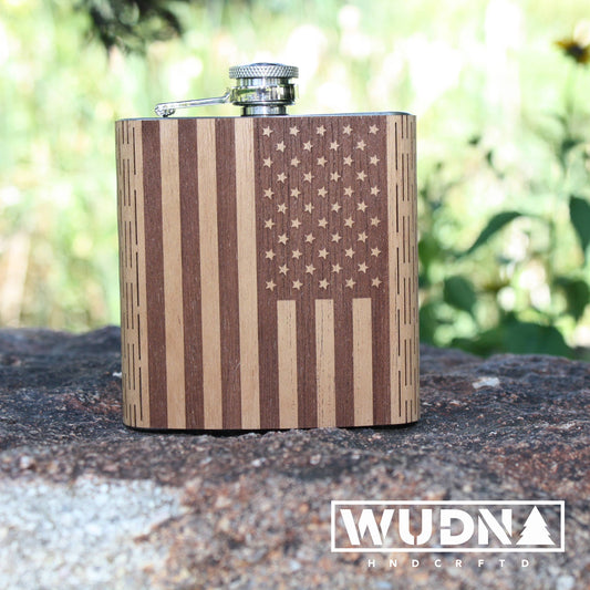 American Flag Wooden Hip Flask 6 oz Stainless Steel & Wood