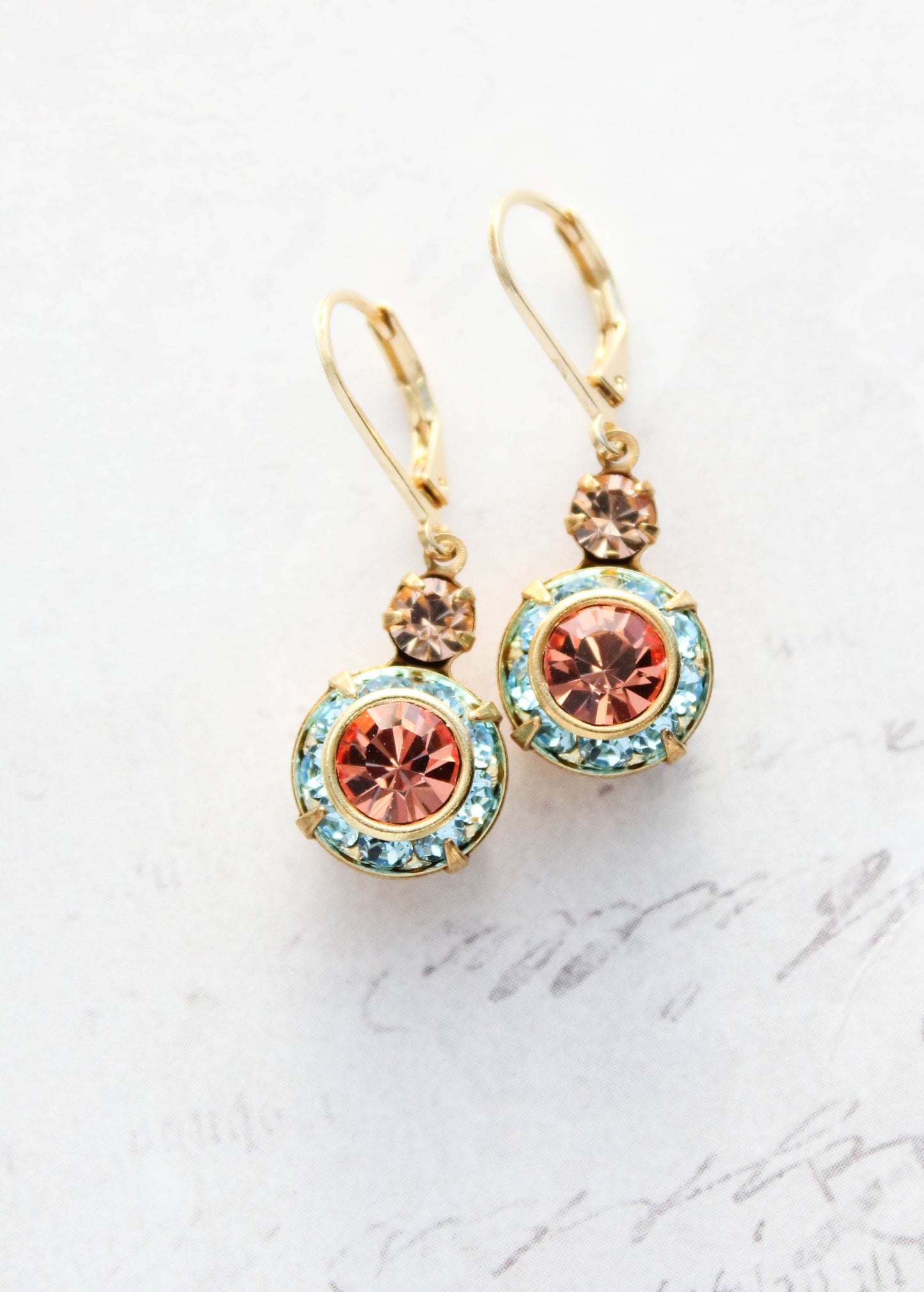 Art Deco Floral Earrings- Light Peach & Aquamarine