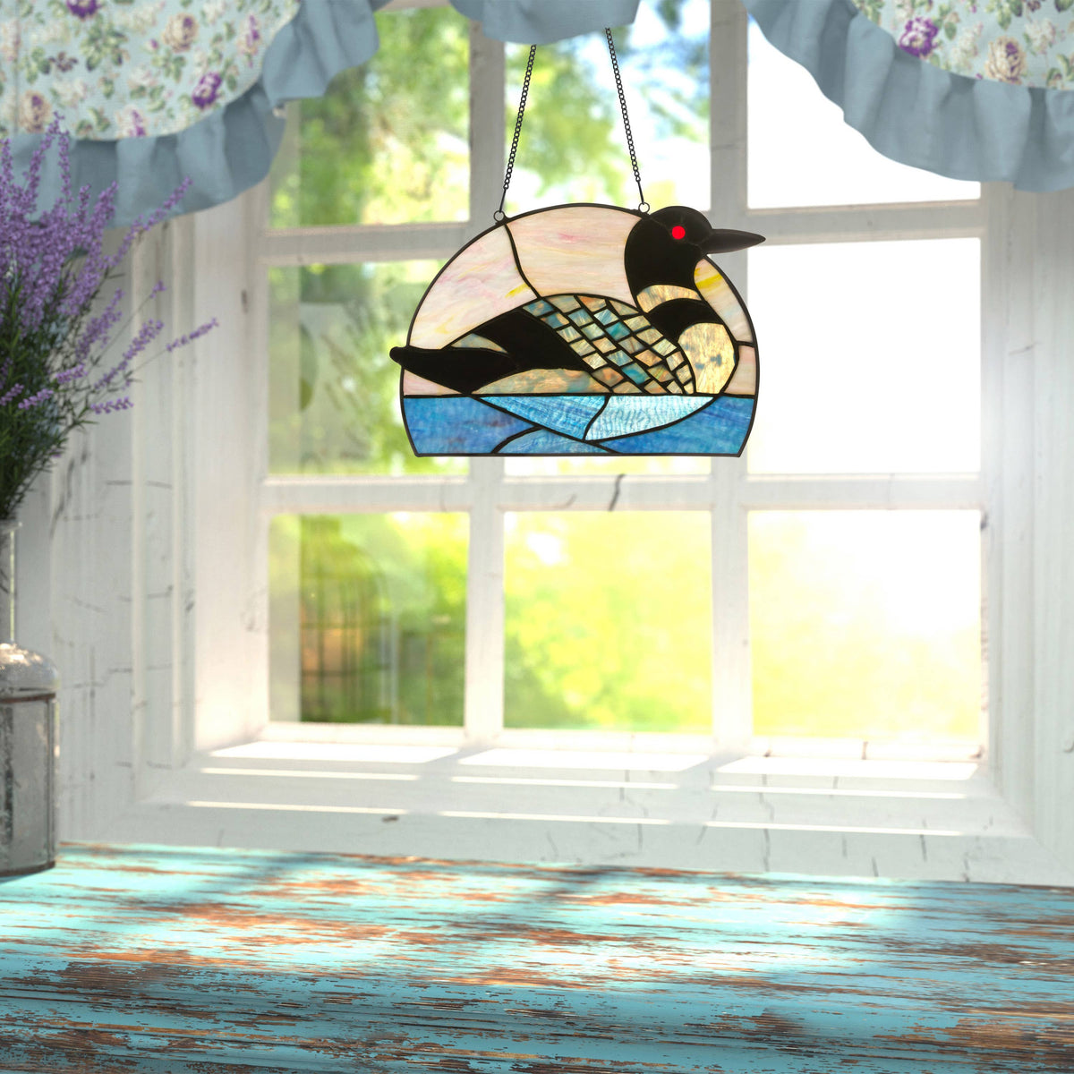 9.5" Swimming Loon Stained Glass Window Accent Panel