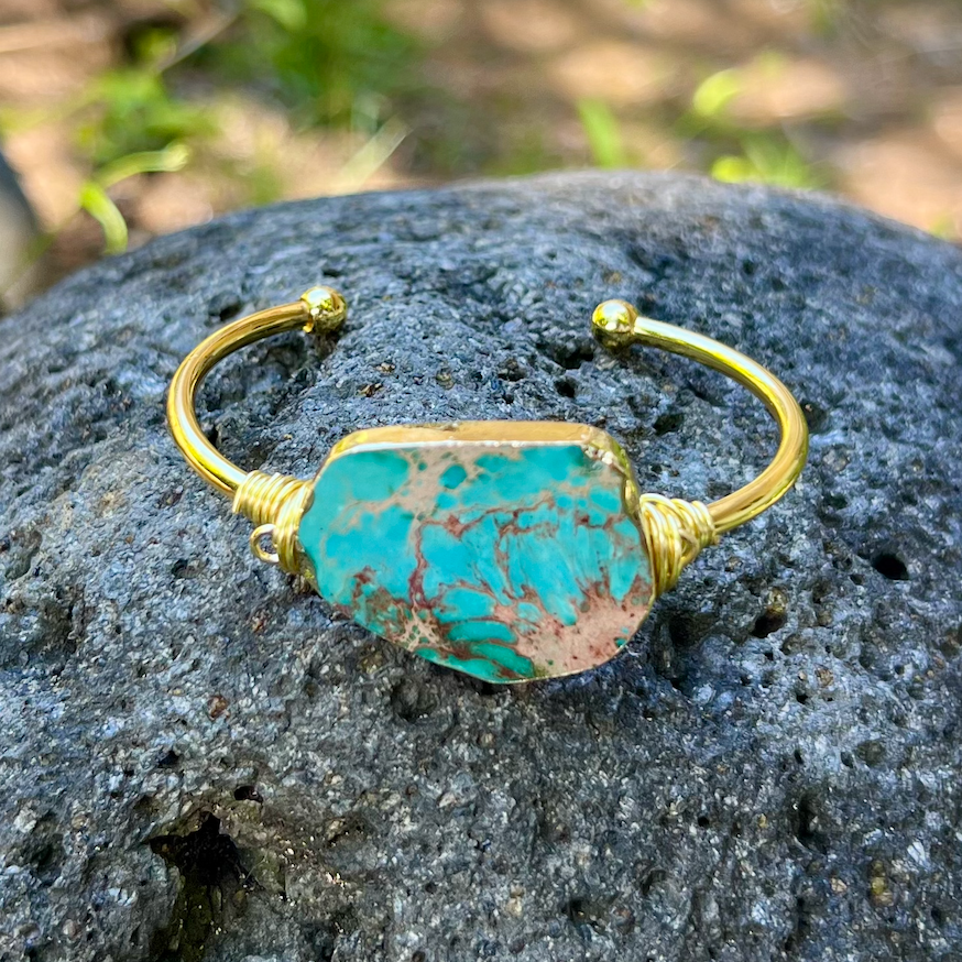 Seafoam Jasper Gemstone Gold Bangle Cuff Bracelet