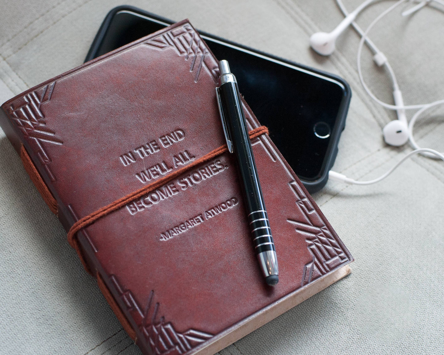 We All Become Stories Margaret Atwood Quote Leather Journal