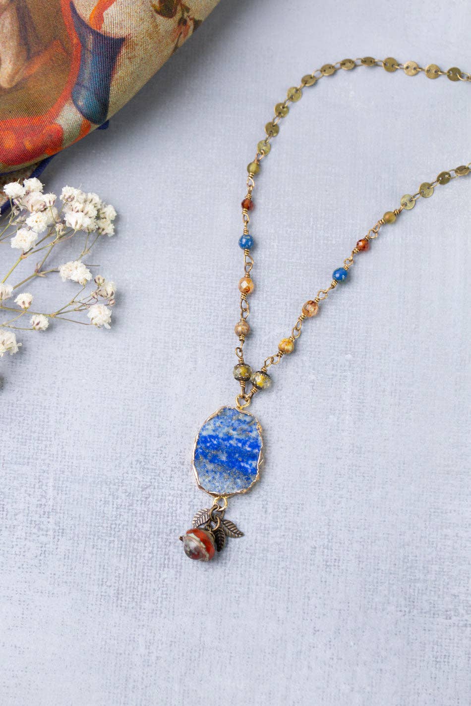Sacred Heart 26-28" Czech Glass With Lapis Bezel Collage Necklace