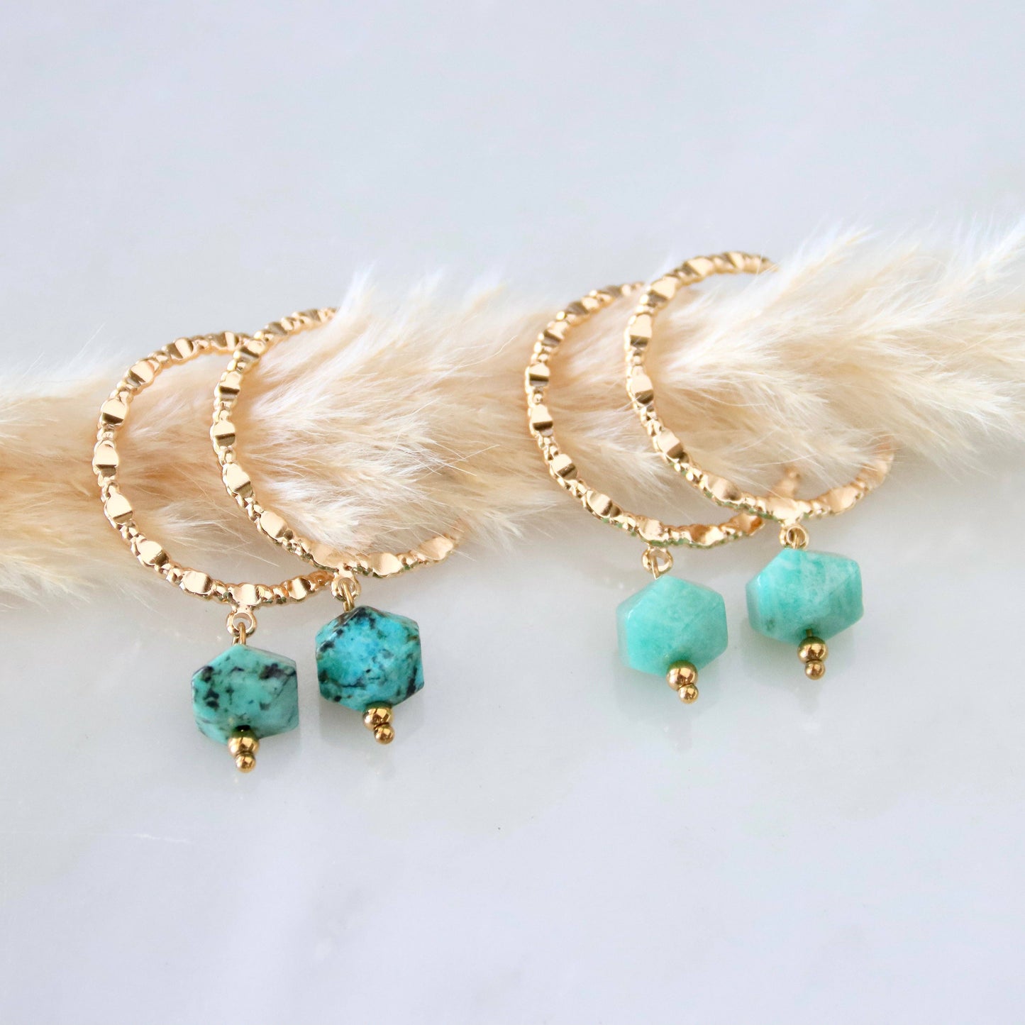 Amazonite or Turquoise Textured Hoop Earrings