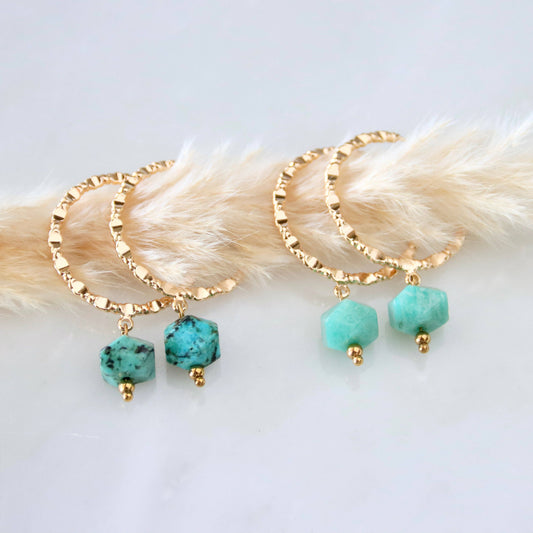 Amazonite or Turquoise Textured Hoop Earrings