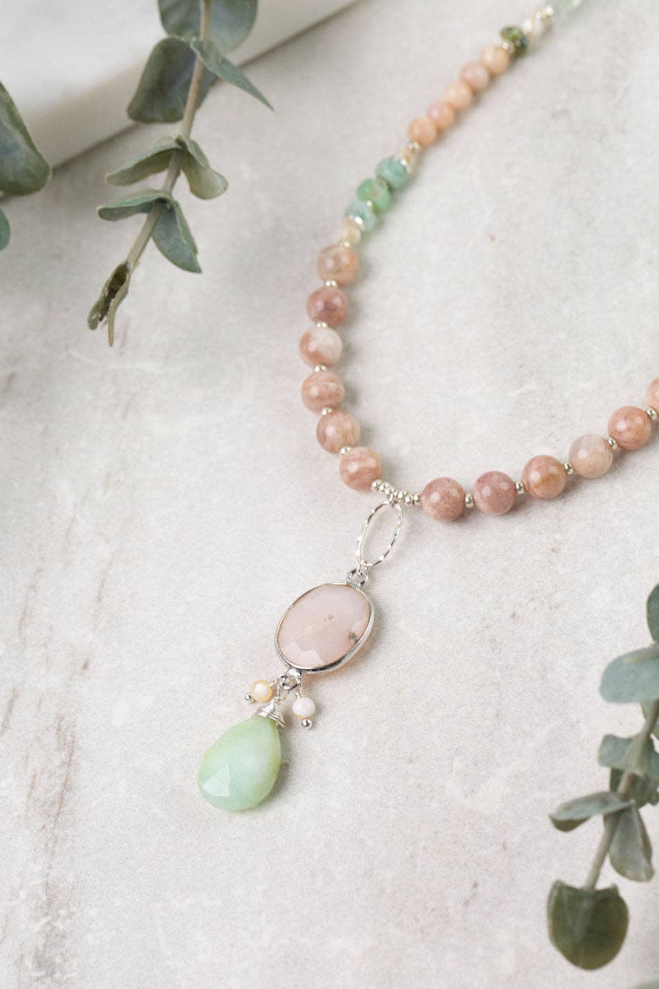Calming Fleurs 24-26" Peach Moonstone, Chrysoprase, Green Amethyst with Pink Opal Statement Necklace