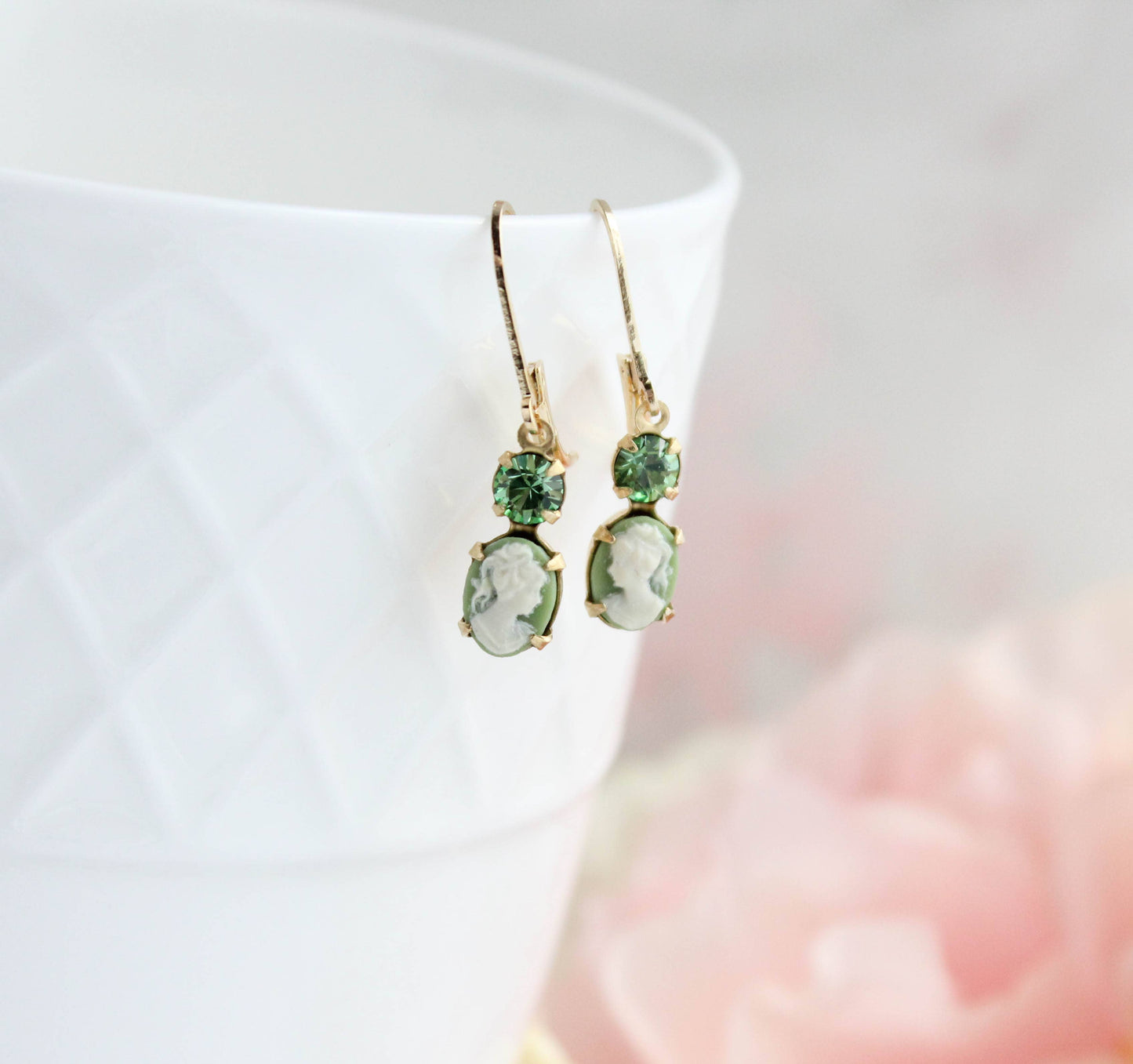 Tiny Lady Cameo Earrings- Light Green