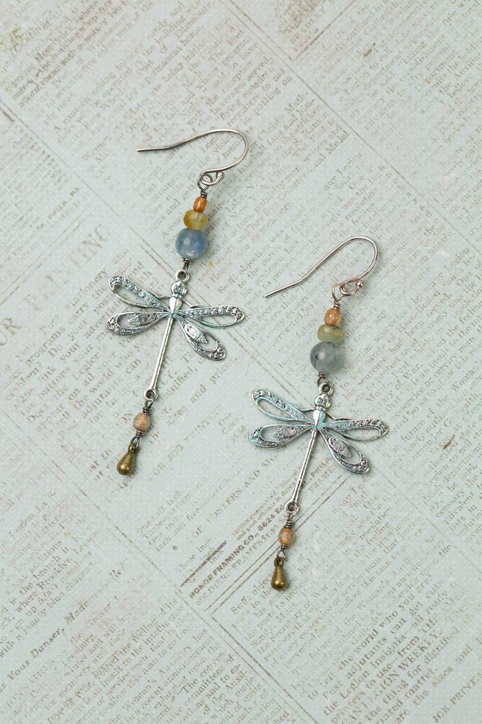 Wisdom Within Kyanite, Czech Glass With Patina Antique Silver Dragonfly Cluster Earrings