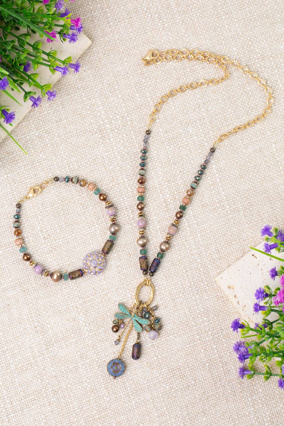 Folklore 19.25 or 27" Tanzanite, Czech Glass, Freshwater Pearl Collage Necklace