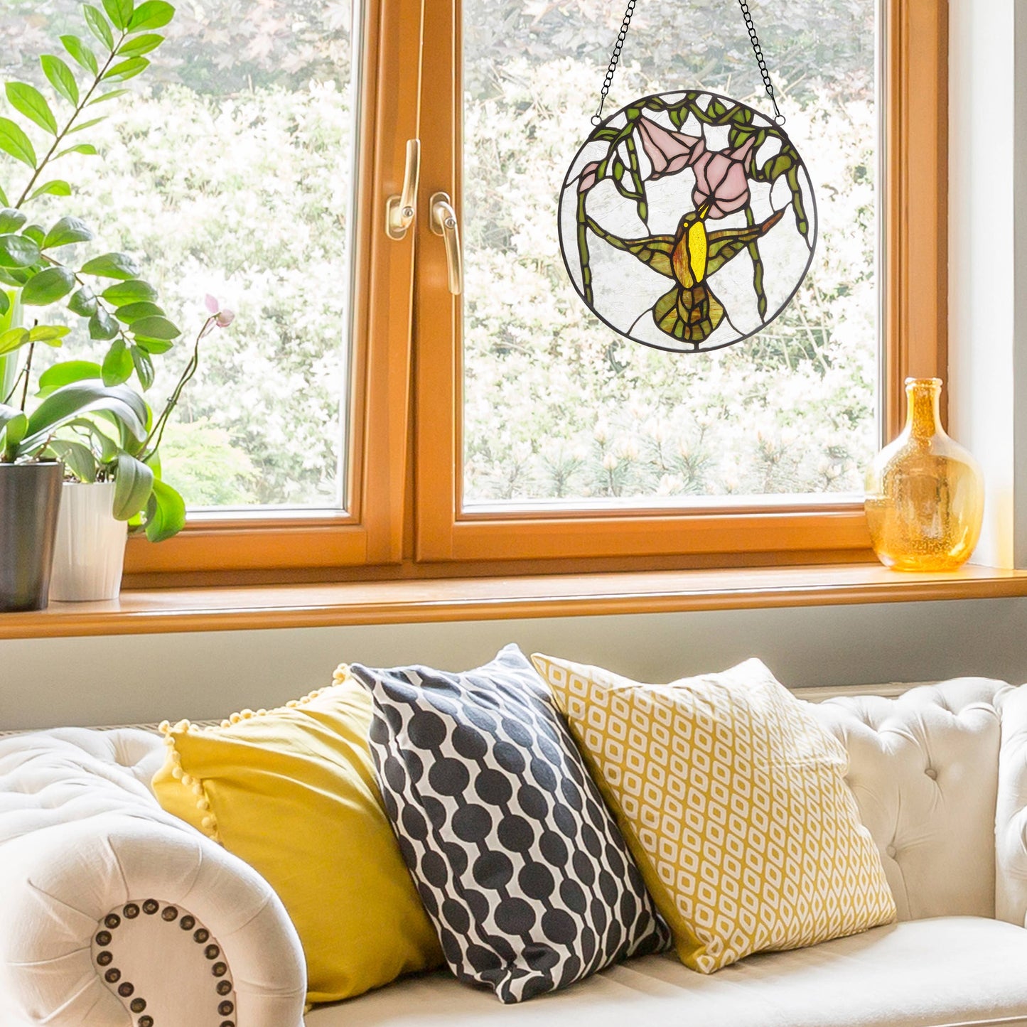 10"H Hummingbird and Hibiscus Stained Glass Window Panel