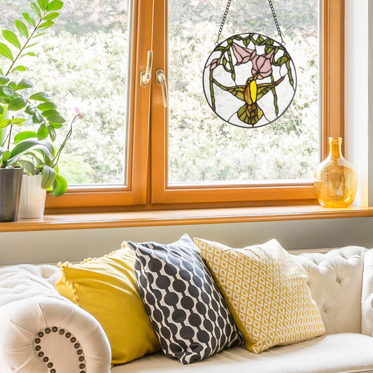 10"H Hummingbird and Hibiscus Stained Glass Window Panel