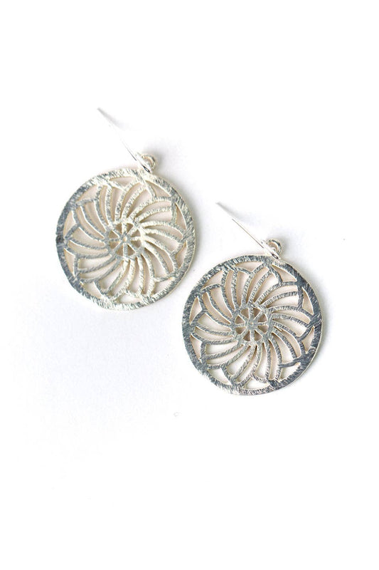 Brushed Silver Flower Hoop Statement Earrings