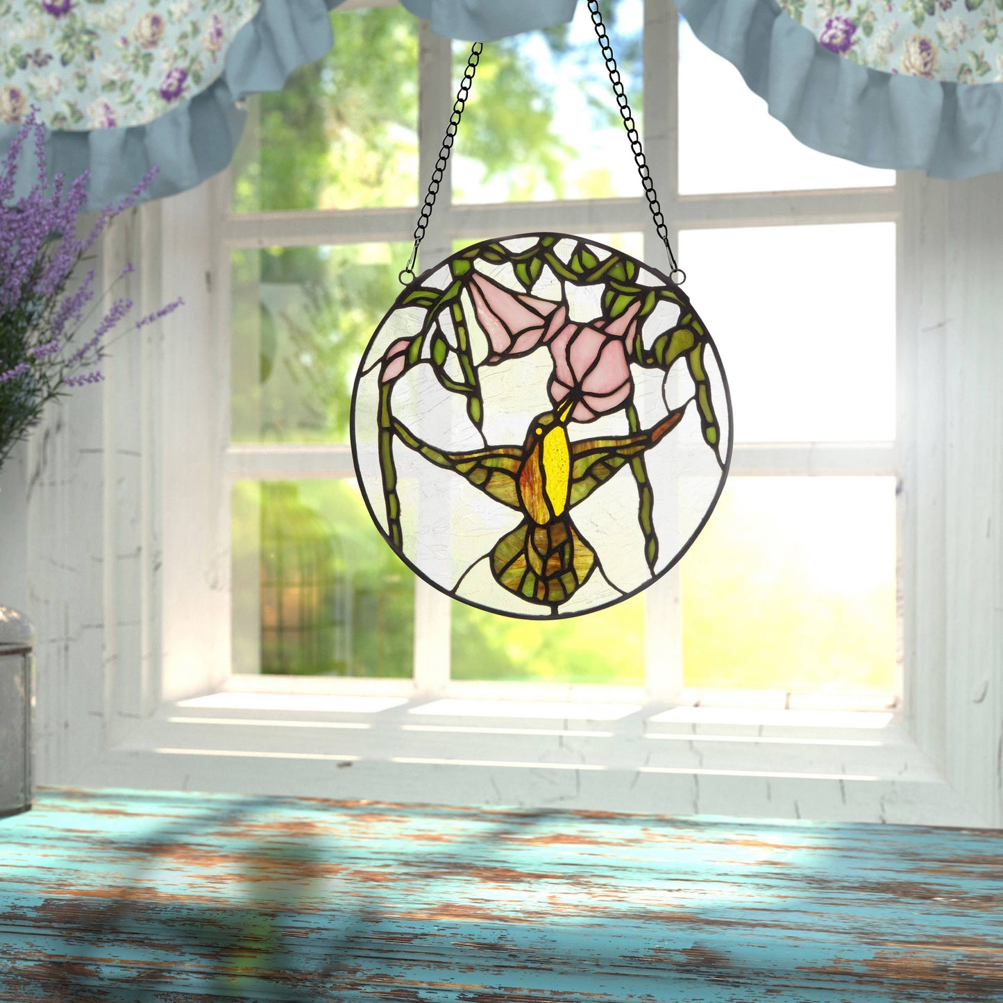 10"H Hummingbird and Hibiscus Stained Glass Window Panel