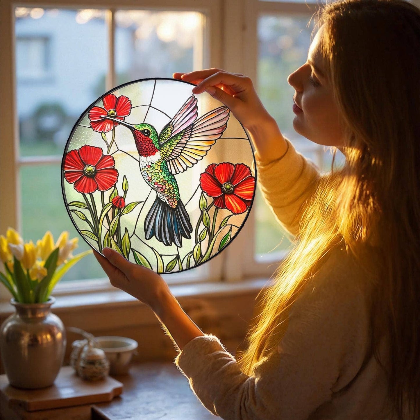 Vibrant Bird and Poppy Stained Glass Suncatcher, Hummingbird
