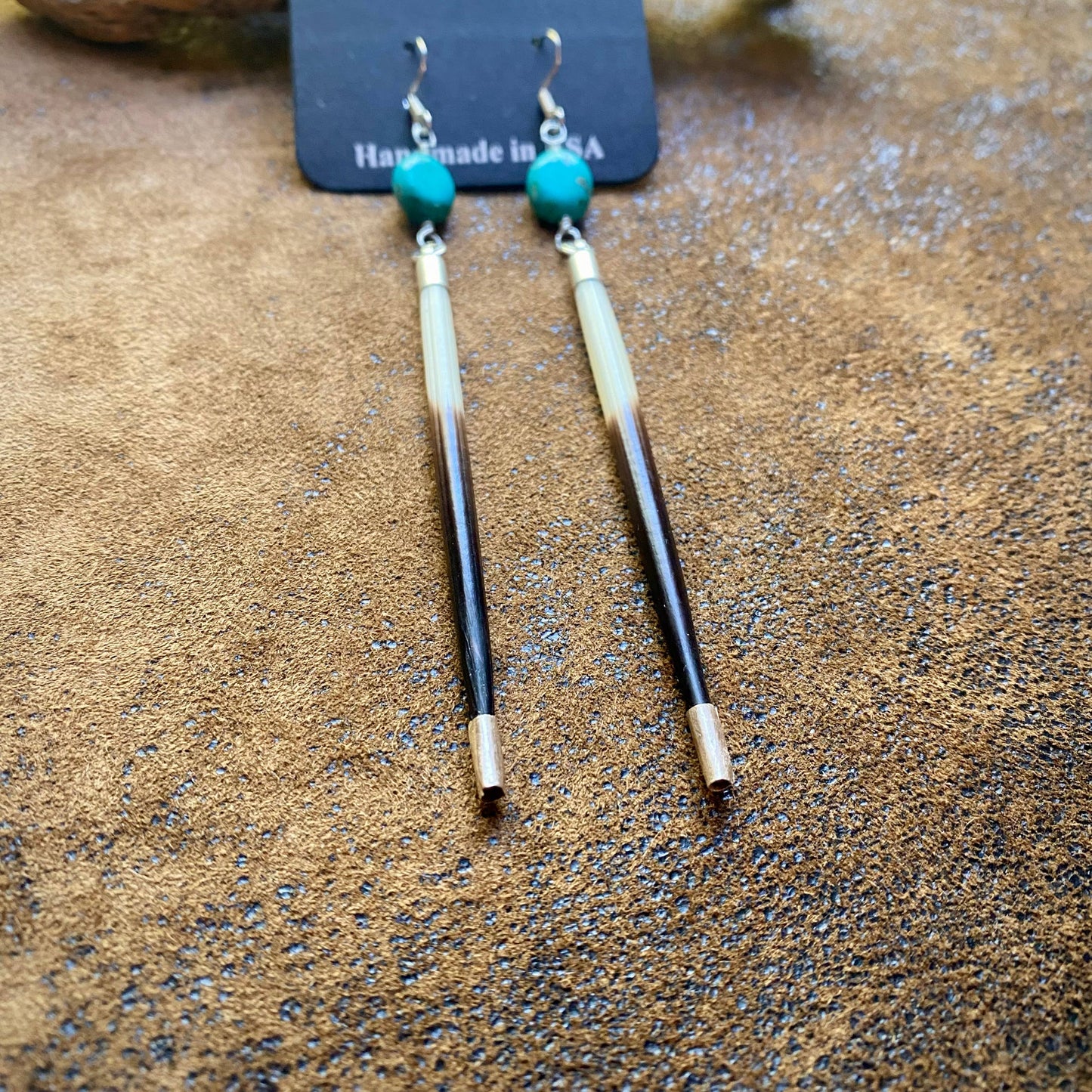 Porcupine Quill & Turquoise Earrings, with Silver Earwires