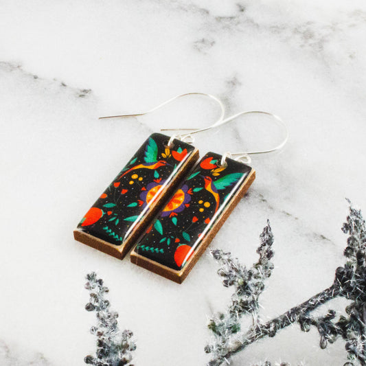 Black Swedish Bird + Flower Rectangle Earrings